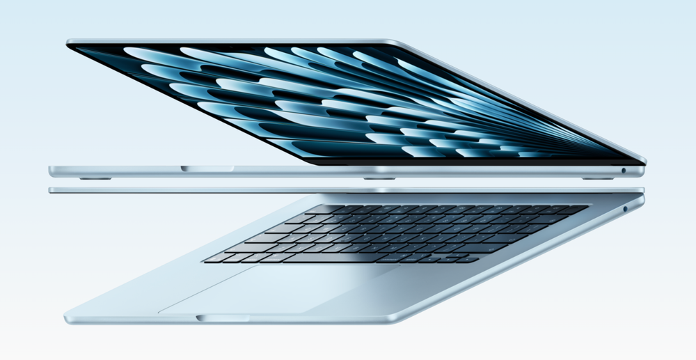The hero image of the Sky Blue Macbook Air from Apple.